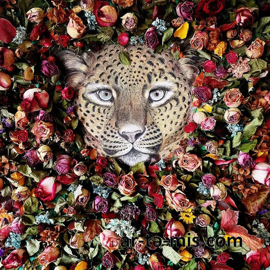 Leopard in Rose Garden (34in H x 24in W)